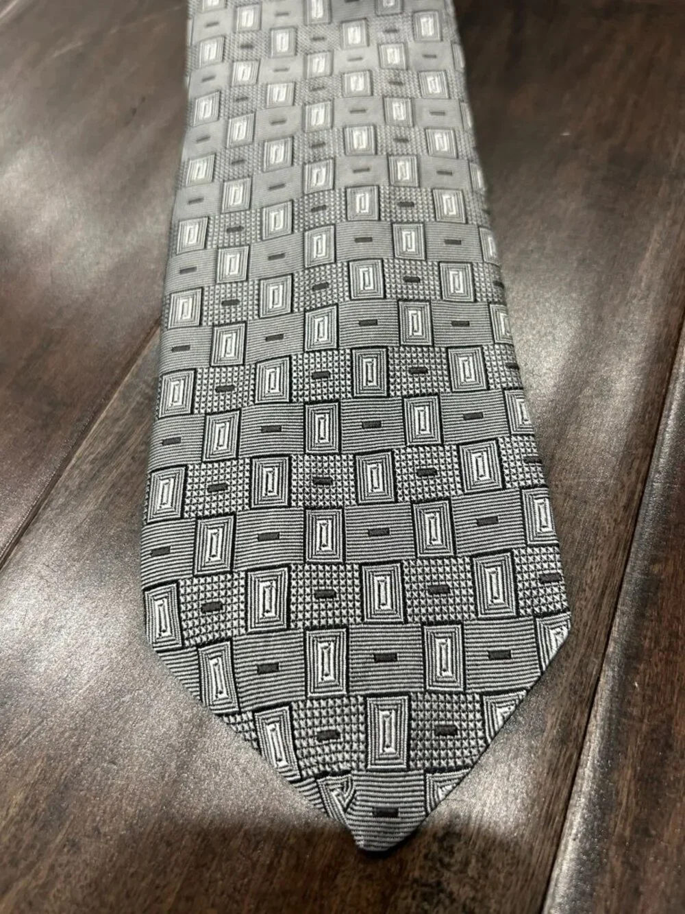Stefano Conti Mens Black Silver Geometric 100% Italian Silk Tie Vintage Retro